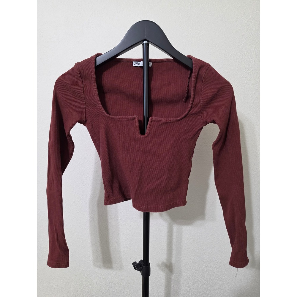 Zara Burgundy Ribbed Long Sleeve Crop Top Square Notch Neck Small